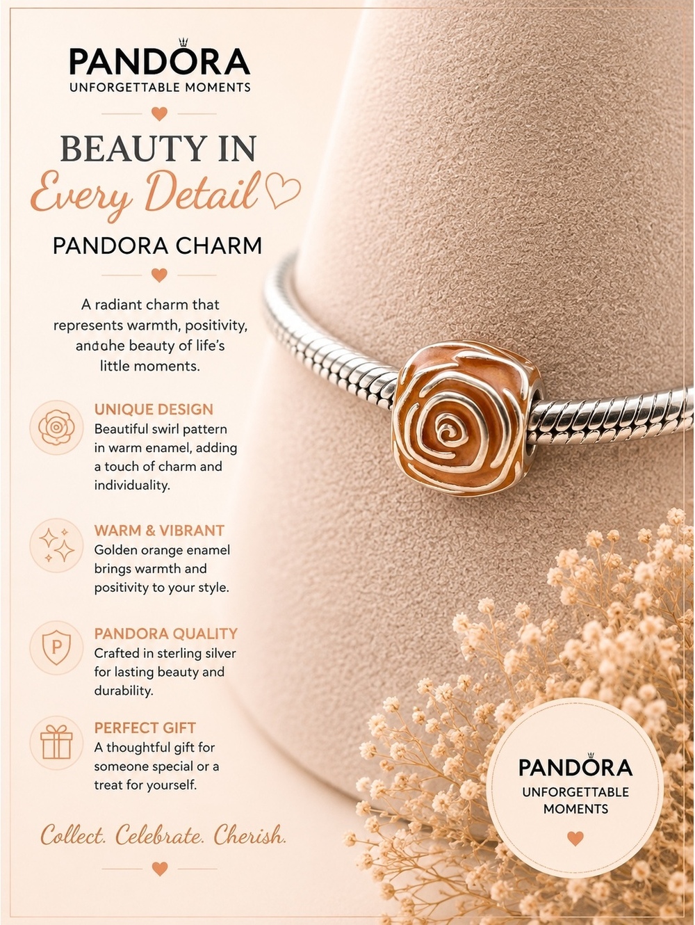 Pandora Golden Orange Enamel Rose Charm Sterling Silver